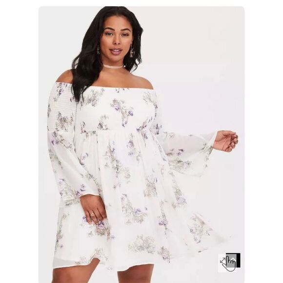 Torrid Vintage floral gauze mini midi skater long sleeve smocked Boho Dress 3xl - Picture 1 of 7